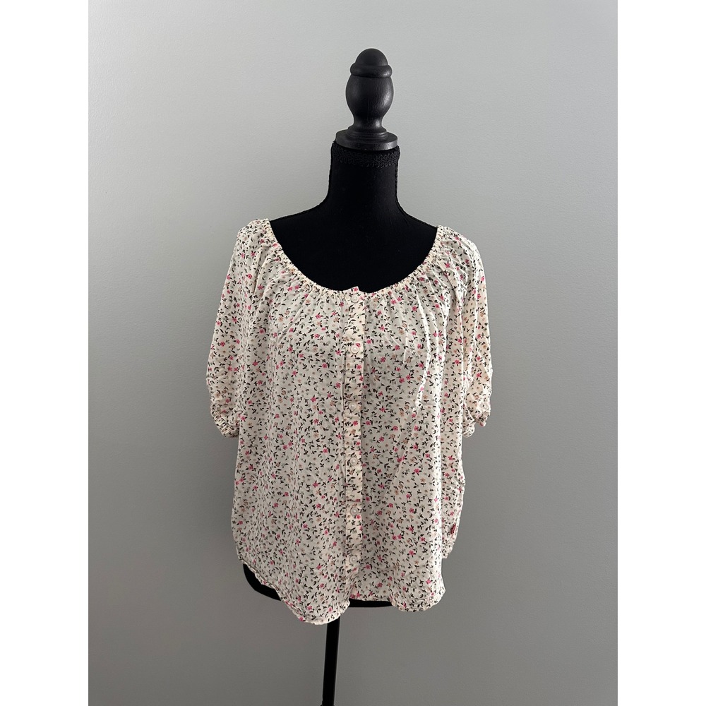 Levis Womens Floral Button Front Blouse Short Puff Sleeve Cream Pink Size M